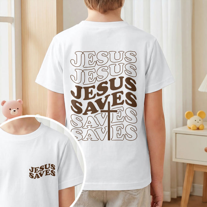 Christianartworkshop Klassisches „Jesus rettet“-T-Shirt mit gestapelter Bubble-Schriftart und Kreuzmotiv für Kinder (Kurzarm). - image 1