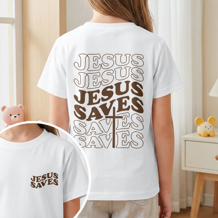 Christianartworkshop Klassisches „Jesus rettet“-T-Shirt mit gestapelter Bubble-Schriftart und Kreuzmotiv für Kinder (Kurzarm). - image 2