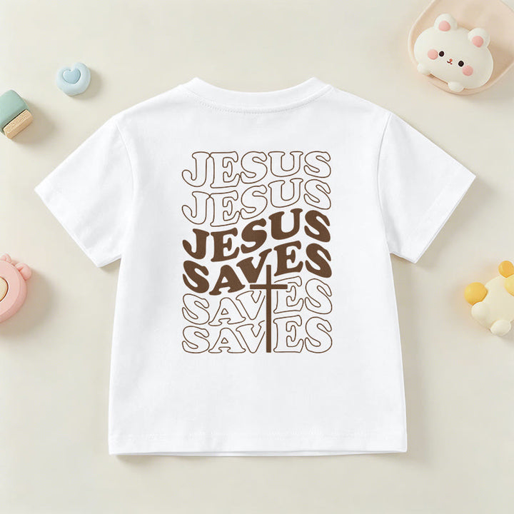 Christianartworkshop Klassisches „Jesus rettet“-T-Shirt mit gestapelter Bubble-Schriftart und Kreuzmotiv für Kinder (Kurzarm). - image 6