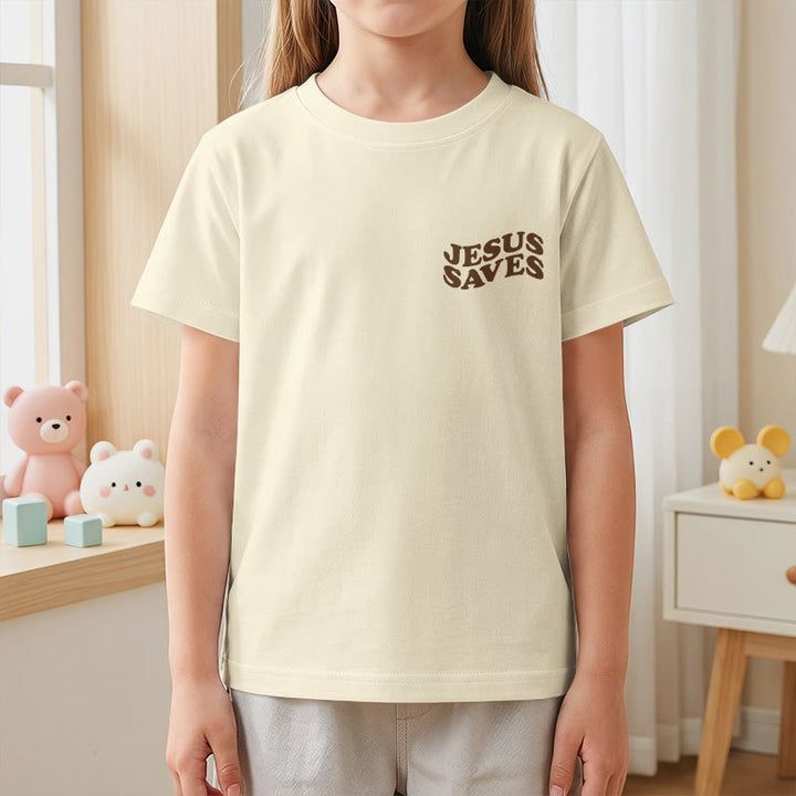 Christianartworkshop Klassisches „Jesus rettet“-T-Shirt mit gestapelter Bubble-Schriftart und Kreuzmotiv für Kinder (Kurzarm). - image 14