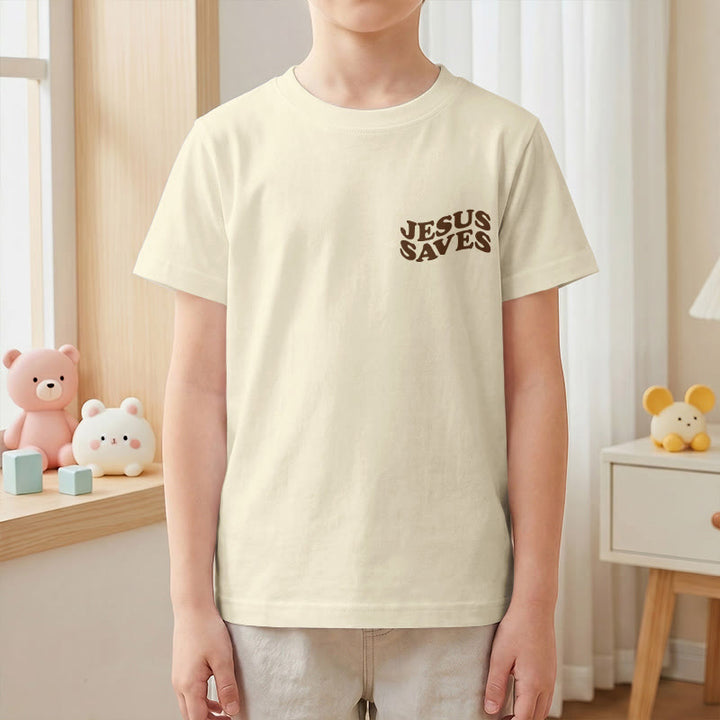 Christianartworkshop Klassisches „Jesus rettet“-T-Shirt mit gestapelter Bubble-Schriftart und Kreuzmotiv für Kinder (Kurzarm). - image 13