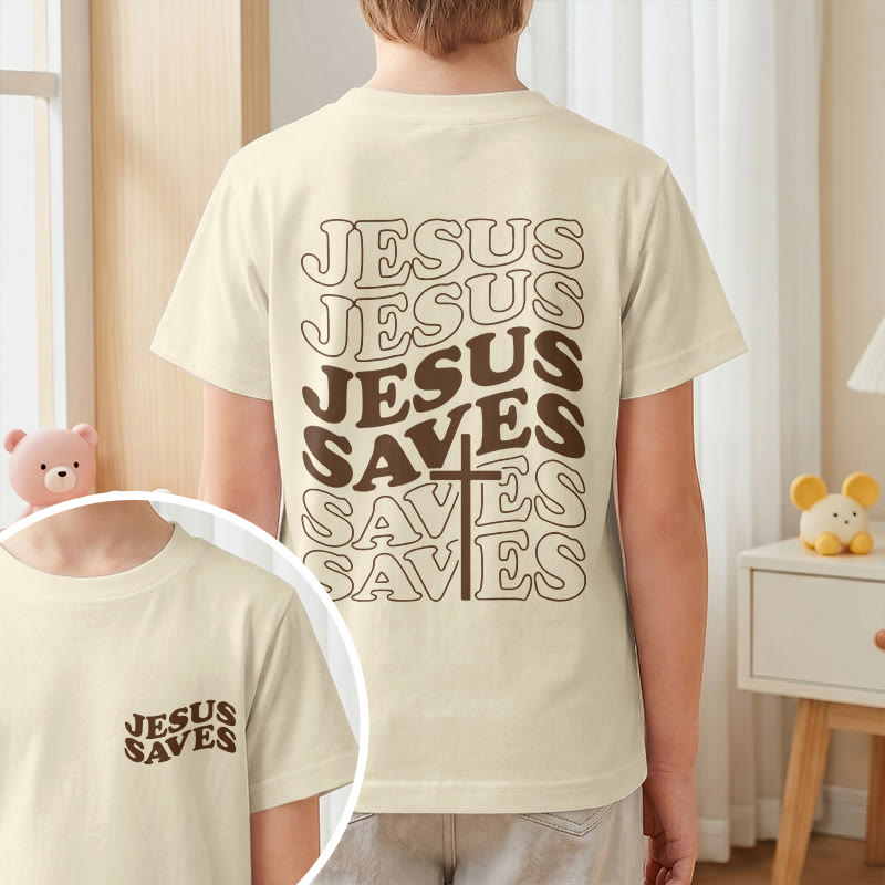 Christianartworkshop Klassisches „Jesus rettet“-T-Shirt mit gestapelter Bubble-Schriftart und Kreuzmotiv für Kinder (Kurzarm). - image 10