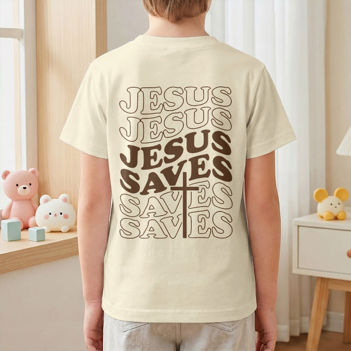 Christianartworkshop Klassisches „Jesus rettet“-T-Shirt mit gestapelter Bubble-Schriftart und Kreuzmotiv für Kinder (Kurzarm). - image 16