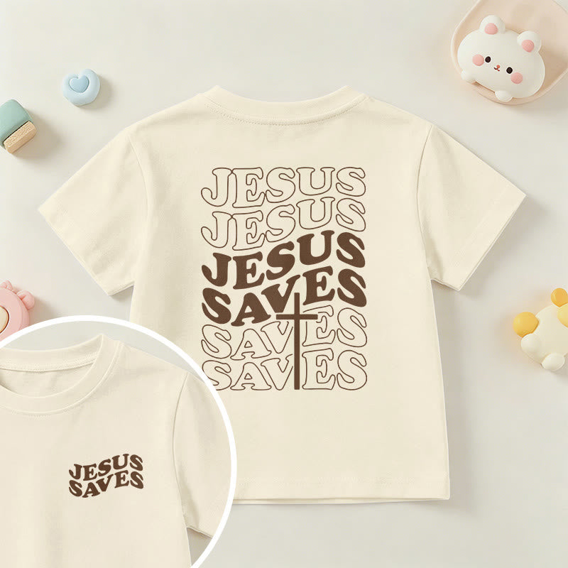 Christianartworkshop Klassisches „Jesus rettet“-T-Shirt mit gestapelter Bubble-Schriftart und Kreuzmotiv für Kinder (Kurzarm). - Beige - US/GB/AU 14, EU 170 - image 9