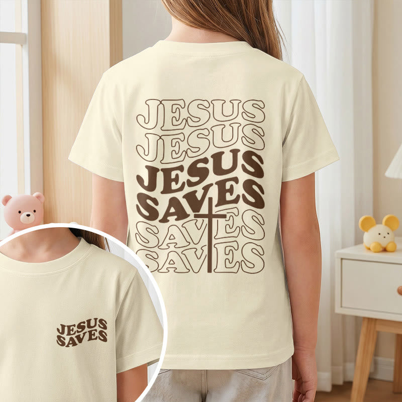 Christianartworkshop Klassisches „Jesus rettet“-T-Shirt mit gestapelter Bubble-Schriftart und Kreuzmotiv für Kinder (Kurzarm). - image 11