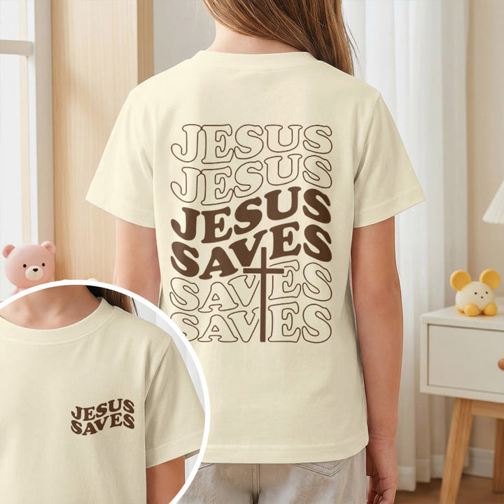 Christianartworkshop Klassisches „Jesus rettet“-T-Shirt mit gestapelter Bubble-Schriftart und Kreuzmotiv für Kinder (Kurzarm). - image 11