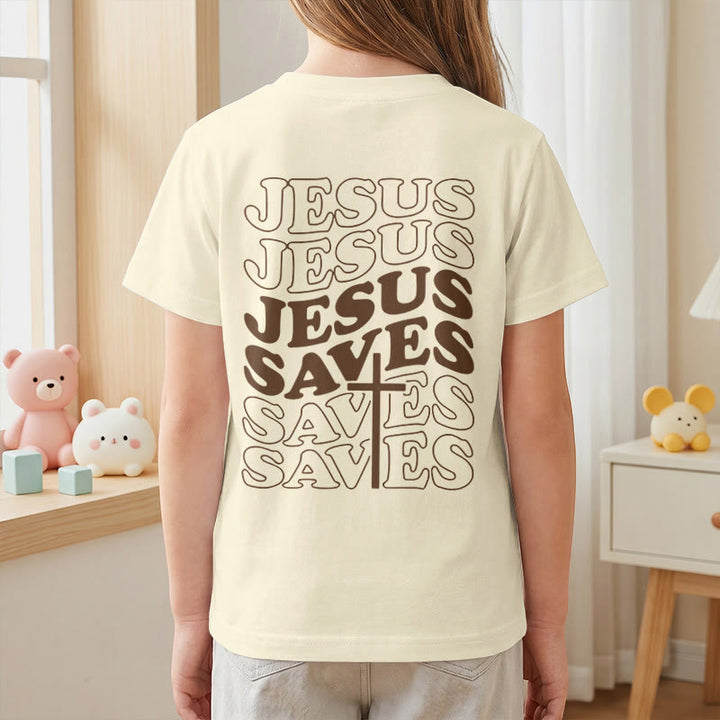Christianartworkshop Klassisches „Jesus rettet“-T-Shirt mit gestapelter Bubble-Schriftart und Kreuzmotiv für Kinder (Kurzarm). - image 17