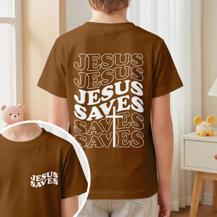 Christianartworkshop Klassisches „Jesus rettet“-T-Shirt mit gestapelter Bubble-Schriftart und Kreuzmotiv für Kinder (Kurzarm). - image 19