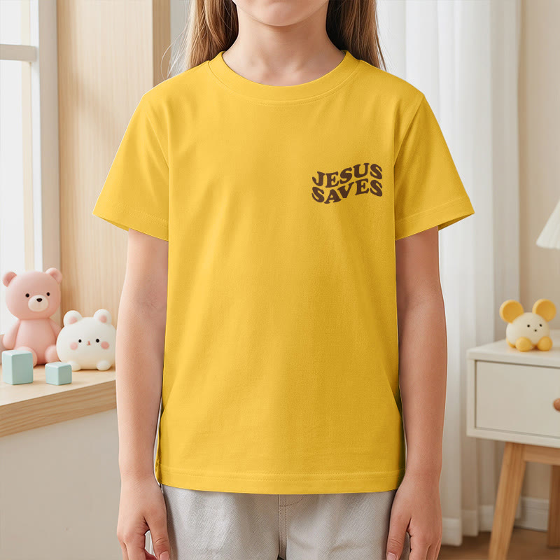 Christianartworkshop Klassisches „Jesus rettet“-T-Shirt mit gestapelter Bubble-Schriftart und Kreuzmotiv für Kinder (Kurzarm). - image 32