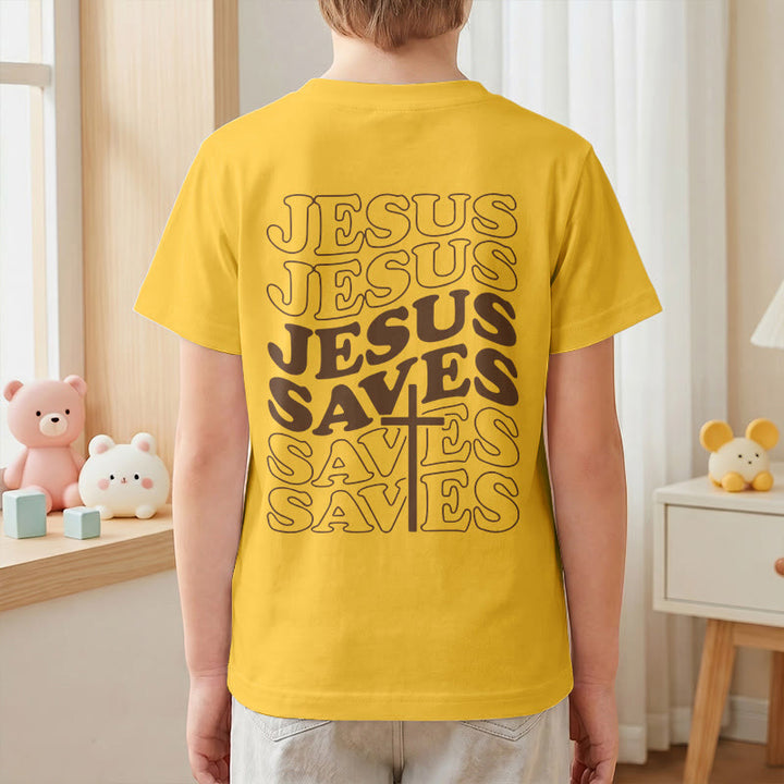 Christianartworkshop Klassisches „Jesus rettet“-T-Shirt mit gestapelter Bubble-Schriftart und Kreuzmotiv für Kinder (Kurzarm). - image 34