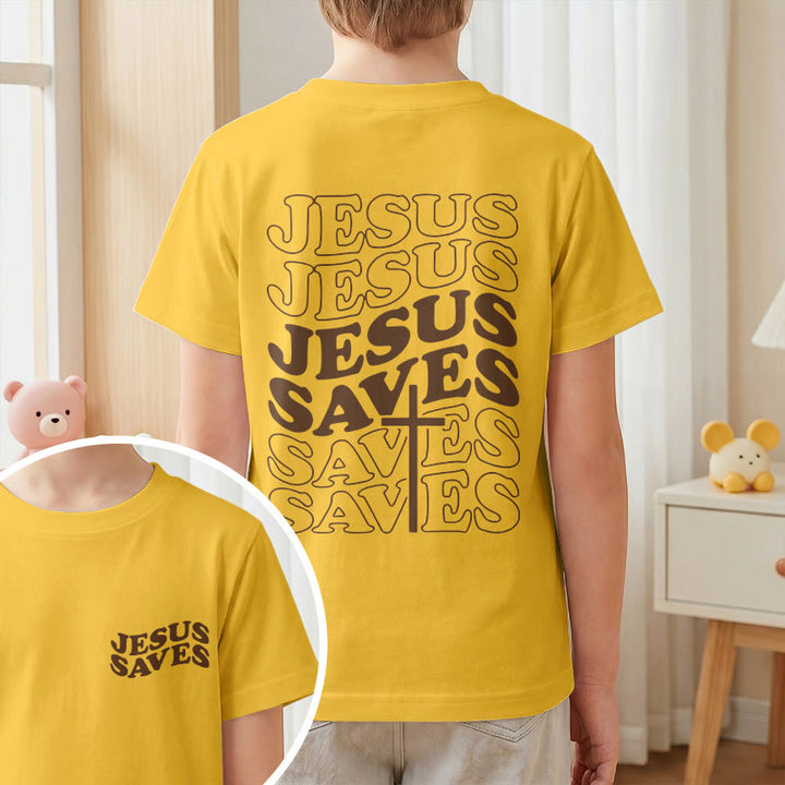 Christianartworkshop Klassisches „Jesus rettet“-T-Shirt mit gestapelter Bubble-Schriftart und Kreuzmotiv für Kinder (Kurzarm). - image 28