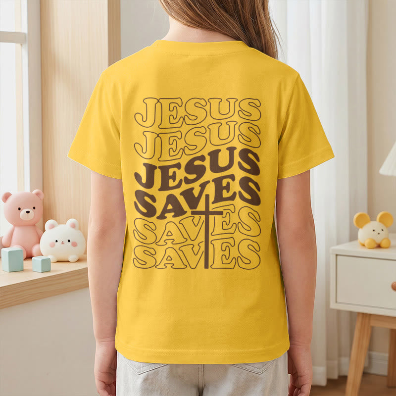 Christianartworkshop Klassisches „Jesus rettet“-T-Shirt mit gestapelter Bubble-Schriftart und Kreuzmotiv für Kinder (Kurzarm). - image 35