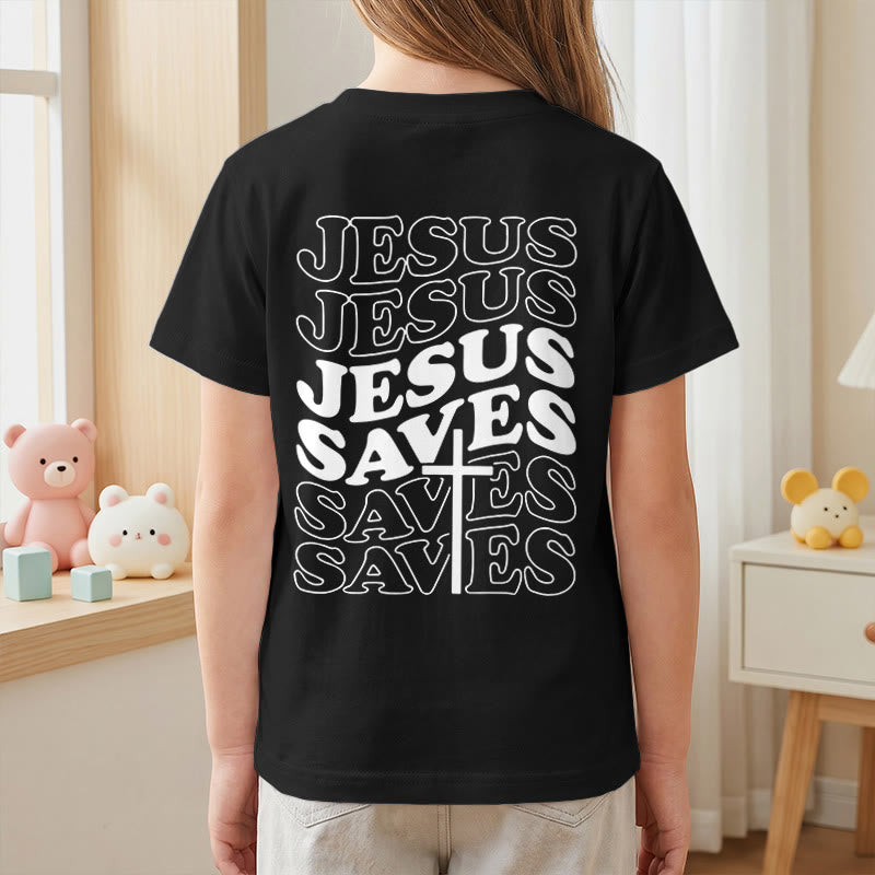 Christianartworkshop Klassisches „Jesus rettet“-T-Shirt mit gestapelter Bubble-Schriftart und Kreuzmotiv für Kinder (Kurzarm). - image 44