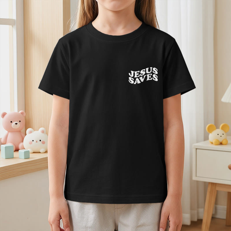 Christianartworkshop Klassisches „Jesus rettet“-T-Shirt mit gestapelter Bubble-Schriftart und Kreuzmotiv für Kinder (Kurzarm). - image 41