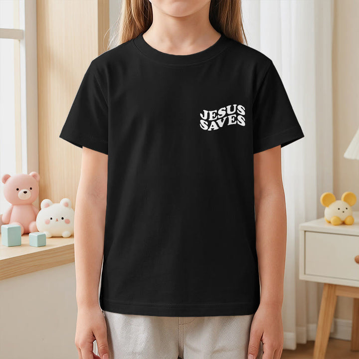 Christianartworkshop Klassisches „Jesus rettet“-T-Shirt mit gestapelter Bubble-Schriftart und Kreuzmotiv für Kinder (Kurzarm). - image 41