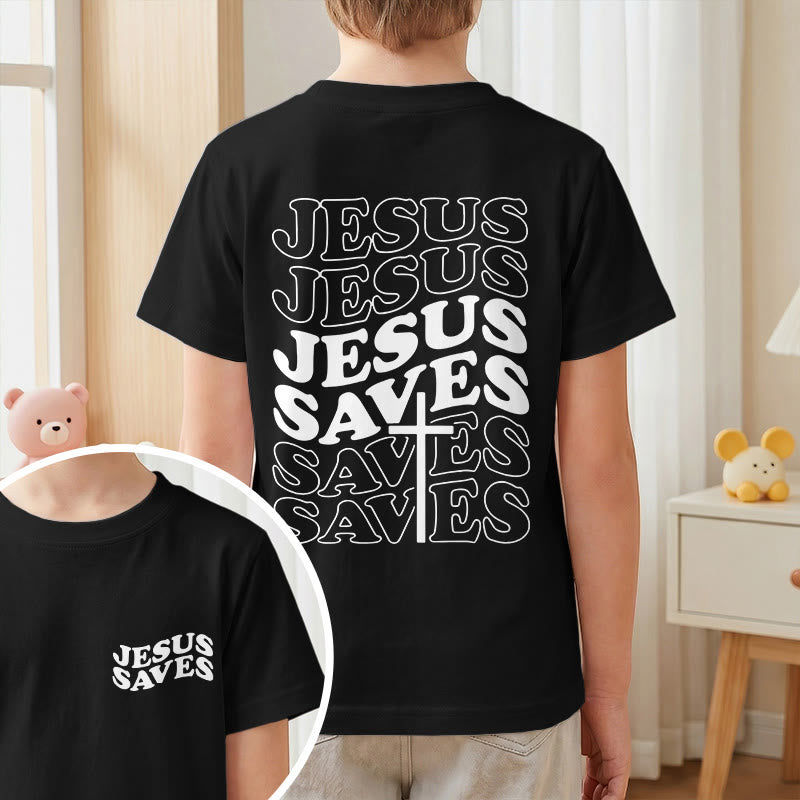 Christianartworkshop Klassisches „Jesus rettet“-T-Shirt mit gestapelter Bubble-Schriftart und Kreuzmotiv für Kinder (Kurzarm). - image 37