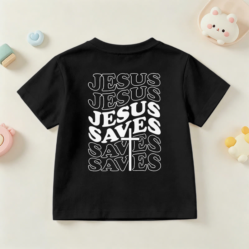 Christianartworkshop Klassisches „Jesus rettet“-T-Shirt mit gestapelter Bubble-Schriftart und Kreuzmotiv für Kinder (Kurzarm). - image 42