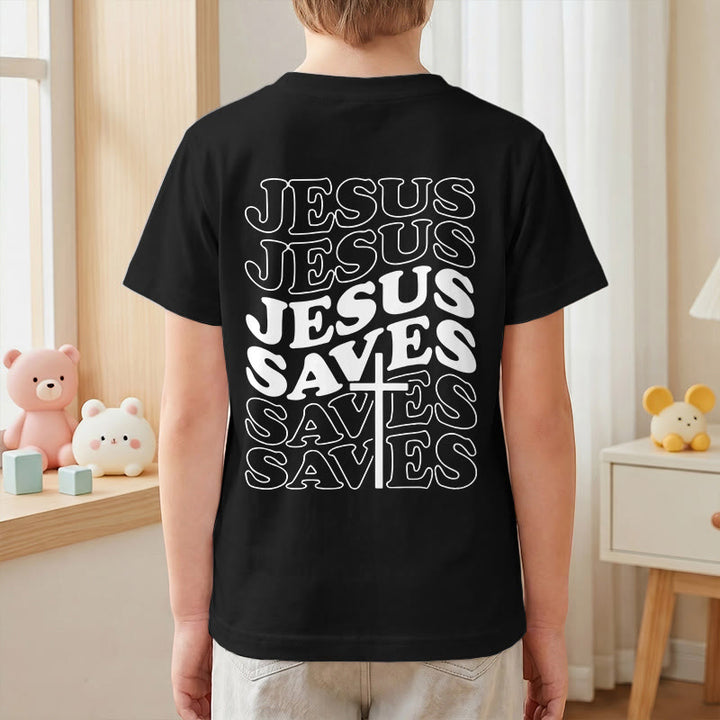 Christianartworkshop Klassisches „Jesus rettet“-T-Shirt mit gestapelter Bubble-Schriftart und Kreuzmotiv für Kinder (Kurzarm). - image 43