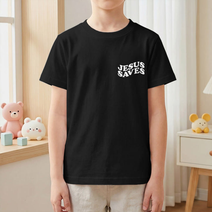 Christianartworkshop Klassisches „Jesus rettet“-T-Shirt mit gestapelter Bubble-Schriftart und Kreuzmotiv für Kinder (Kurzarm). - image 40