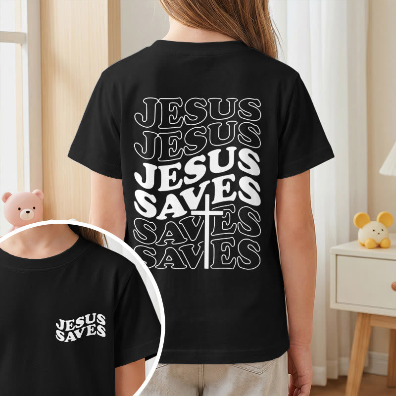 Christianartworkshop Klassisches „Jesus rettet“-T-Shirt mit gestapelter Bubble-Schriftart und Kreuzmotiv für Kinder (Kurzarm). - image 38