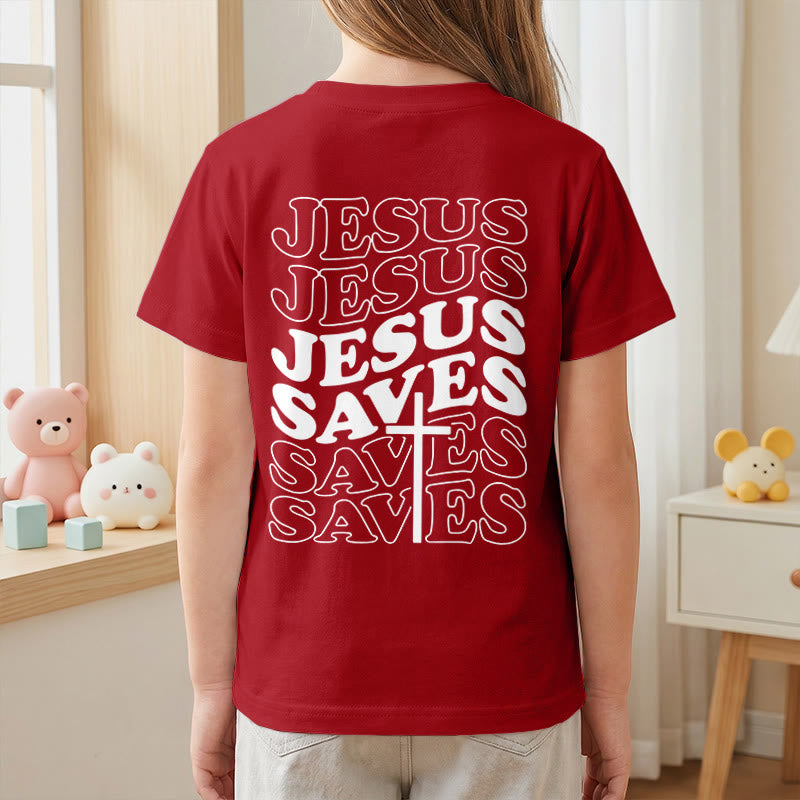 Christianartworkshop Klassisches „Jesus rettet“-T-Shirt mit gestapelter Bubble-Schriftart und Kreuzmotiv für Kinder (Kurzarm). - image 62