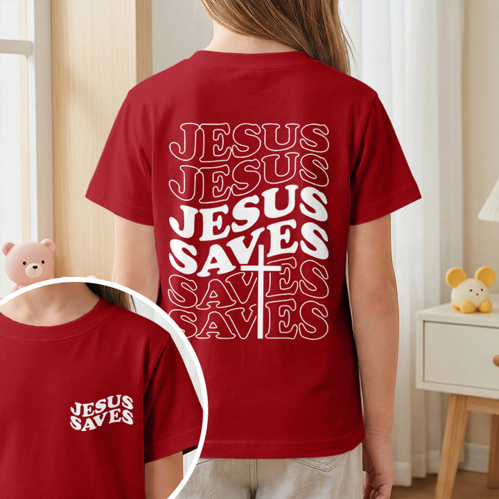 Christianartworkshop Klassisches „Jesus rettet“-T-Shirt mit gestapelter Bubble-Schriftart und Kreuzmotiv für Kinder (Kurzarm). - image 56