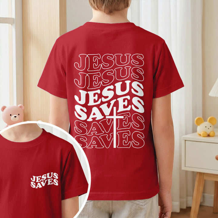 Christianartworkshop Klassisches „Jesus rettet“-T-Shirt mit gestapelter Bubble-Schriftart und Kreuzmotiv für Kinder (Kurzarm). - image 55