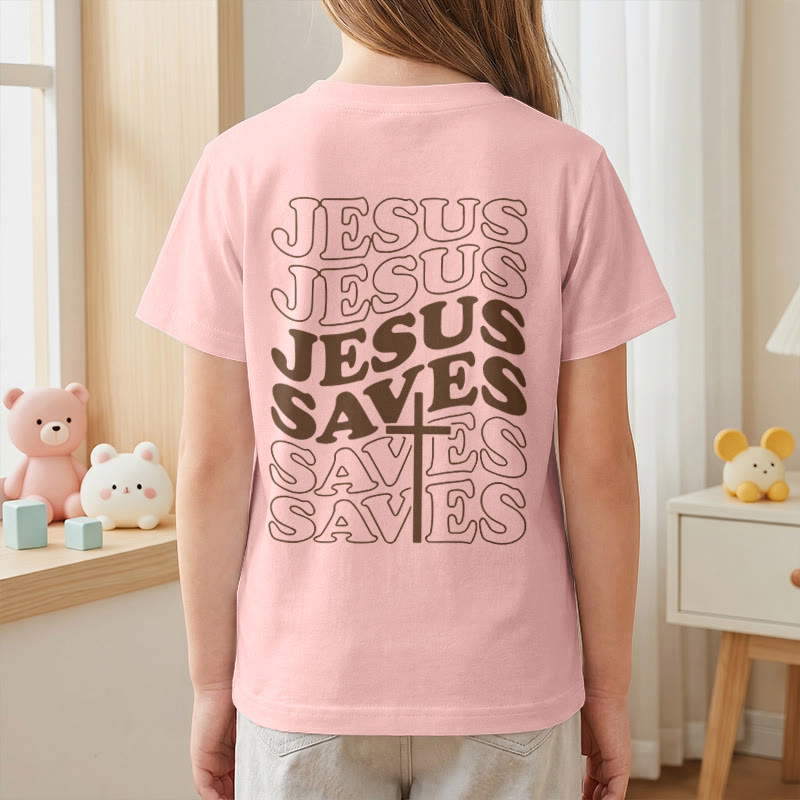 Christianartworkshop Klassisches „Jesus rettet“-T-Shirt mit gestapelter Bubble-Schriftart und Kreuzmotiv für Kinder (Kurzarm). - image 71