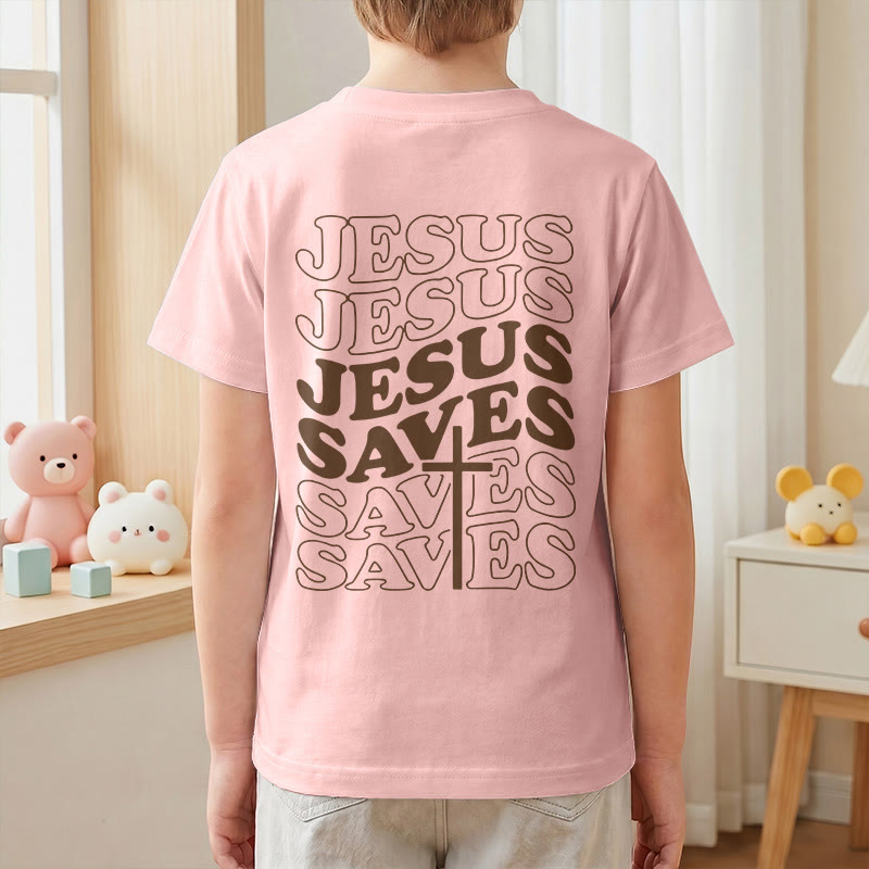 Christianartworkshop Klassisches „Jesus rettet“-T-Shirt mit gestapelter Bubble-Schriftart und Kreuzmotiv für Kinder (Kurzarm). - image 70