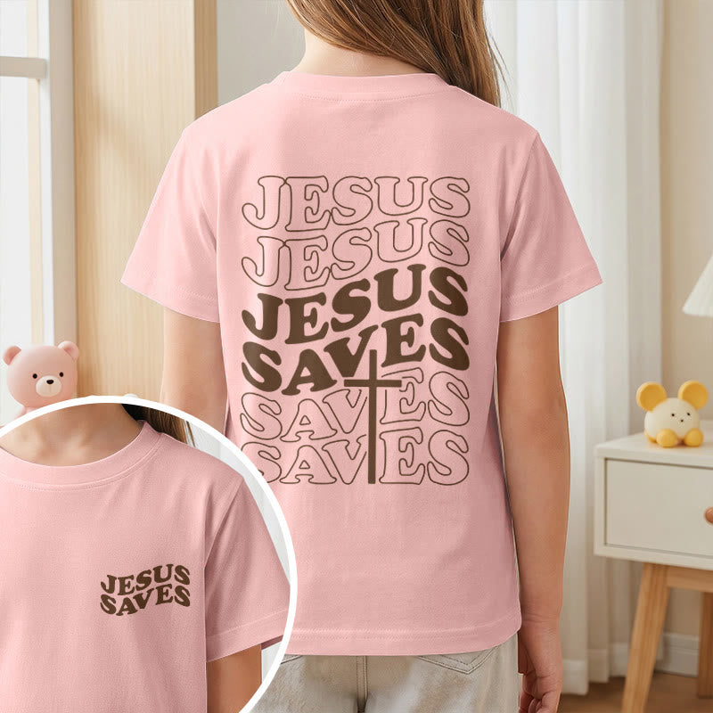 Christianartworkshop Klassisches „Jesus rettet“-T-Shirt mit gestapelter Bubble-Schriftart und Kreuzmotiv für Kinder (Kurzarm). - image 65
