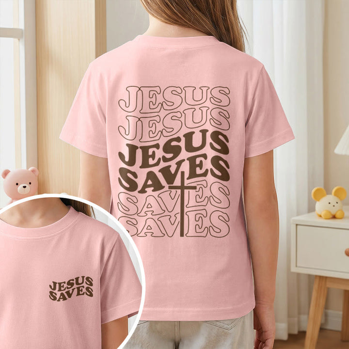 Christianartworkshop Klassisches „Jesus rettet“-T-Shirt mit gestapelter Bubble-Schriftart und Kreuzmotiv für Kinder (Kurzarm). - image 65