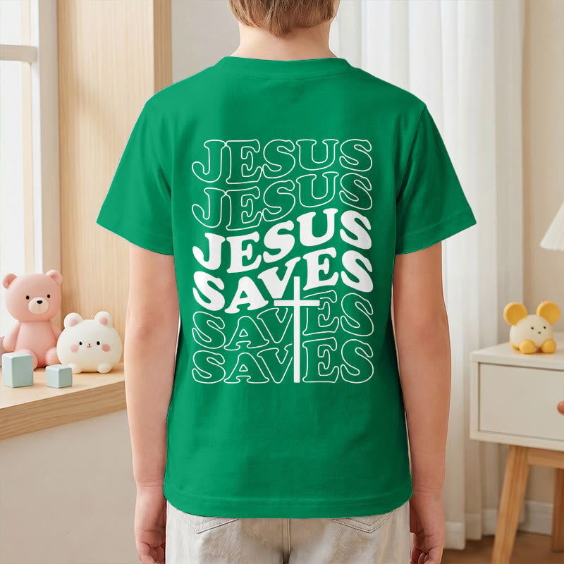 Christianartworkshop Klassisches „Jesus rettet“-T-Shirt mit gestapelter Bubble-Schriftart und Kreuzmotiv für Kinder (Kurzarm). - image 79