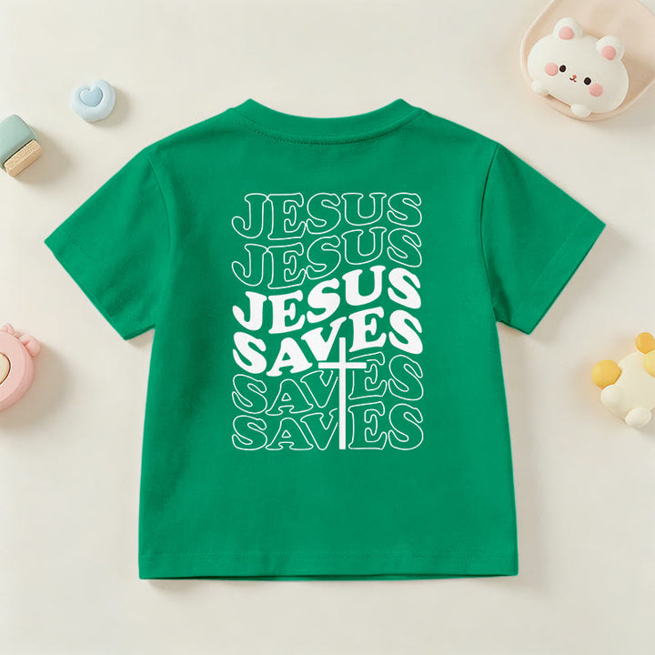 Christianartworkshop Klassisches „Jesus rettet“-T-Shirt mit gestapelter Bubble-Schriftart und Kreuzmotiv für Kinder (Kurzarm). - image 78