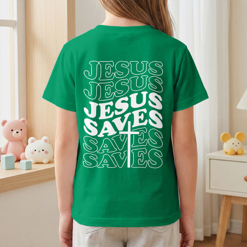 Christianartworkshop Klassisches „Jesus rettet“-T-Shirt mit gestapelter Bubble-Schriftart und Kreuzmotiv für Kinder (Kurzarm). - image 80