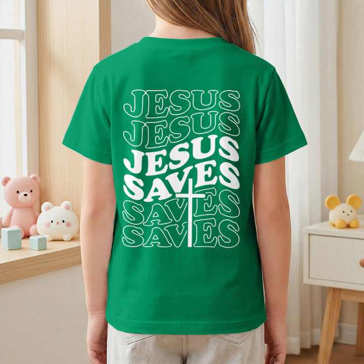 Christianartworkshop Klassisches „Jesus rettet“-T-Shirt mit gestapelter Bubble-Schriftart und Kreuzmotiv für Kinder (Kurzarm). - image 80