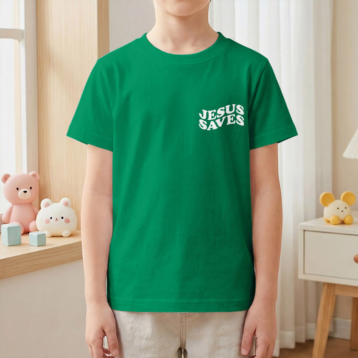 Christianartworkshop Klassisches „Jesus rettet“-T-Shirt mit gestapelter Bubble-Schriftart und Kreuzmotiv für Kinder (Kurzarm). - image 76