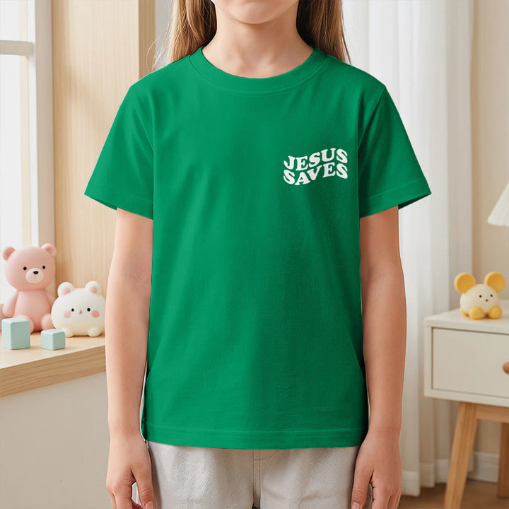Christianartworkshop Klassisches „Jesus rettet“-T-Shirt mit gestapelter Bubble-Schriftart und Kreuzmotiv für Kinder (Kurzarm). - image 77