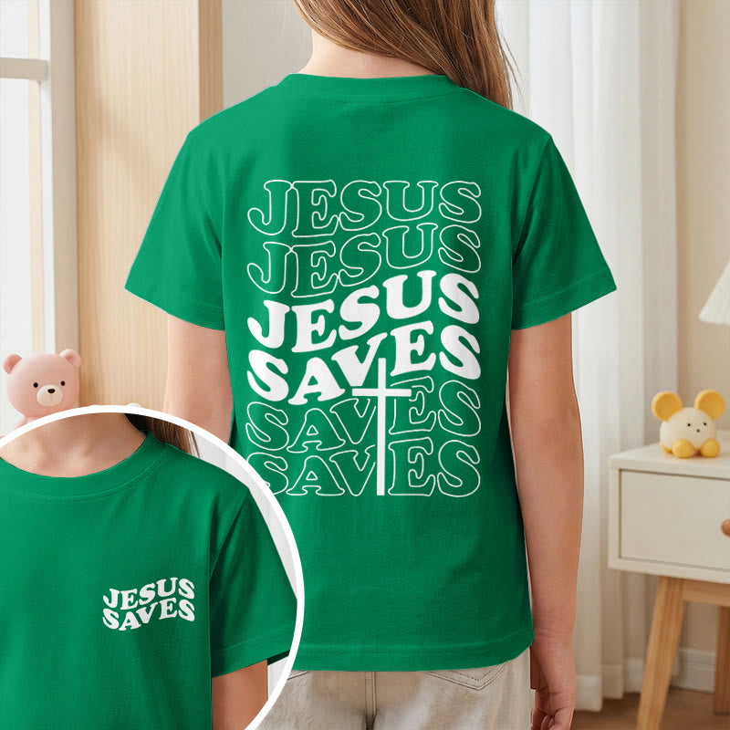 Christianartworkshop Klassisches „Jesus rettet“-T-Shirt mit gestapelter Bubble-Schriftart und Kreuzmotiv für Kinder (Kurzarm). - image 74