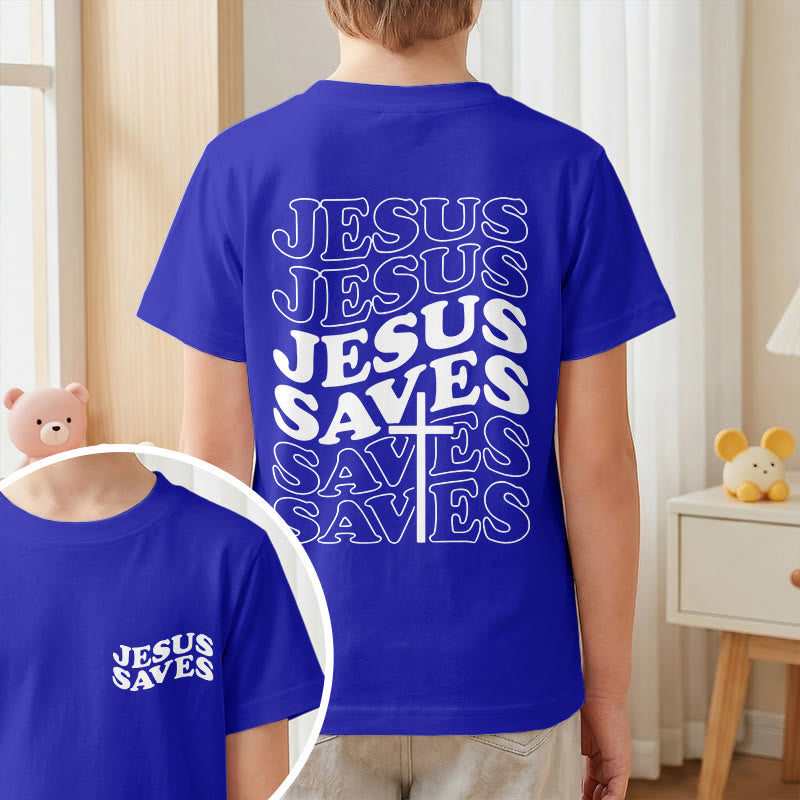 Christianartworkshop Klassisches „Jesus rettet“-T-Shirt mit gestapelter Bubble-Schriftart und Kreuzmotiv für Kinder (Kurzarm). - image 82