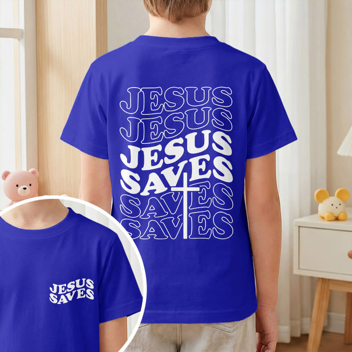 Christianartworkshop Klassisches „Jesus rettet“-T-Shirt mit gestapelter Bubble-Schriftart und Kreuzmotiv für Kinder (Kurzarm). - image 82