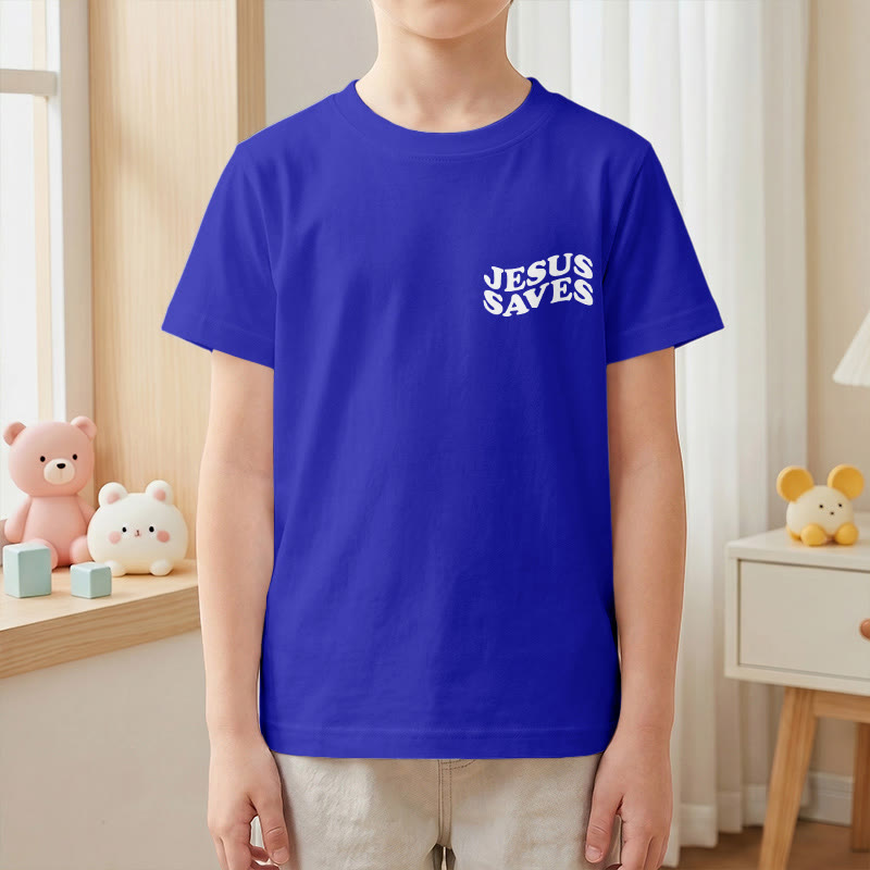 Christianartworkshop Klassisches „Jesus rettet“-T-Shirt mit gestapelter Bubble-Schriftart und Kreuzmotiv für Kinder (Kurzarm). - image 85