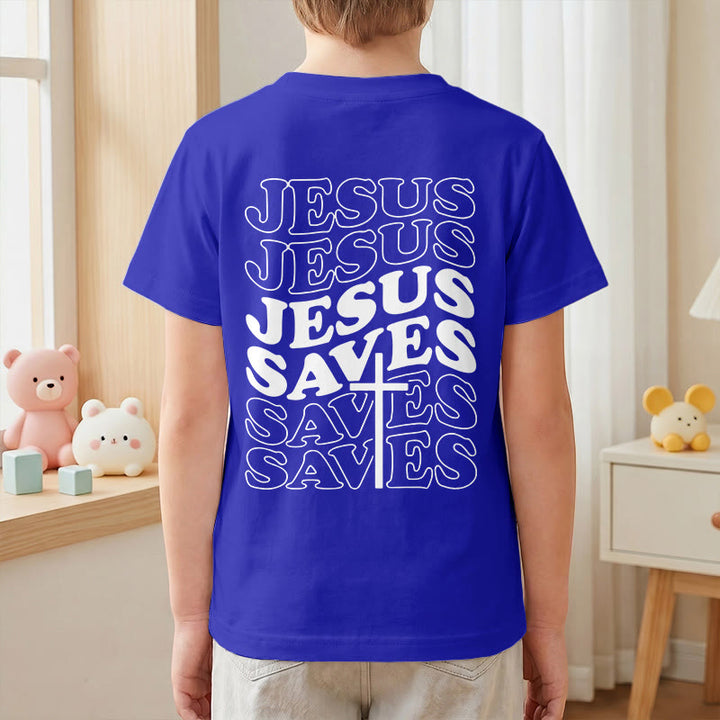 Christianartworkshop Klassisches „Jesus rettet“-T-Shirt mit gestapelter Bubble-Schriftart und Kreuzmotiv für Kinder (Kurzarm). - image 88