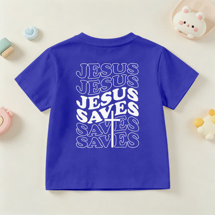 Christianartworkshop Klassisches „Jesus rettet“-T-Shirt mit gestapelter Bubble-Schriftart und Kreuzmotiv für Kinder (Kurzarm). - image 87