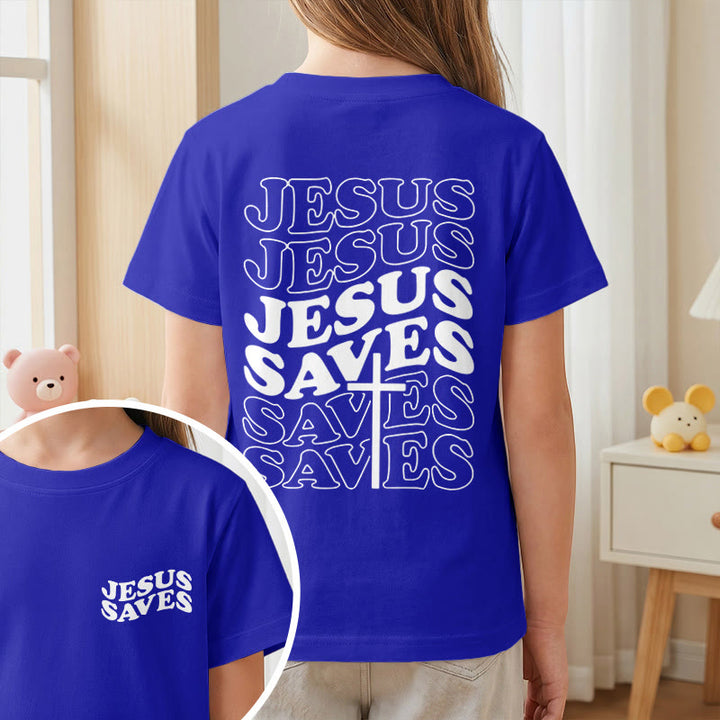 Christianartworkshop Klassisches „Jesus rettet“-T-Shirt mit gestapelter Bubble-Schriftart und Kreuzmotiv für Kinder (Kurzarm). - image 83