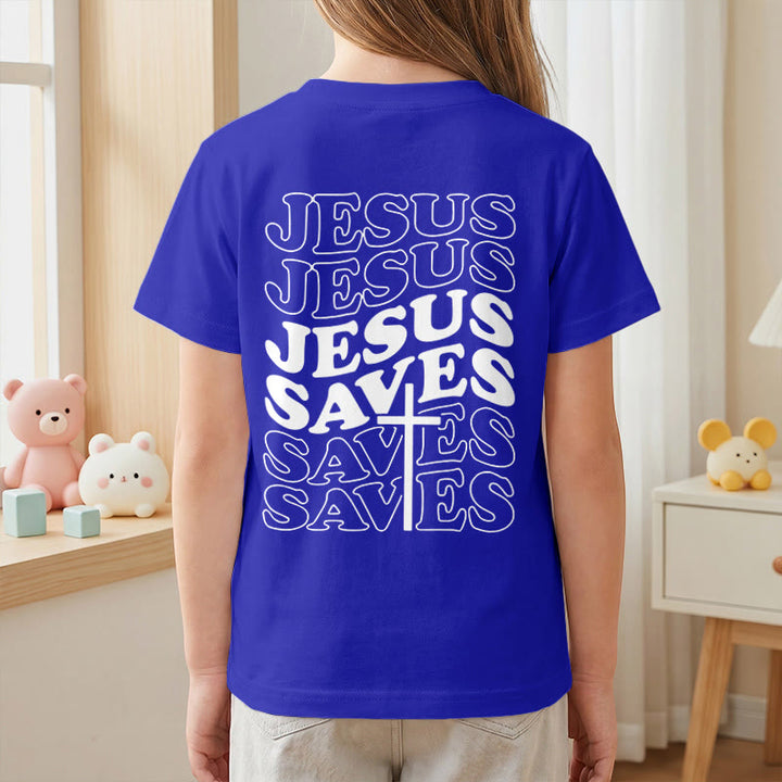 Christianartworkshop Klassisches „Jesus rettet“-T-Shirt mit gestapelter Bubble-Schriftart und Kreuzmotiv für Kinder (Kurzarm). - image 89