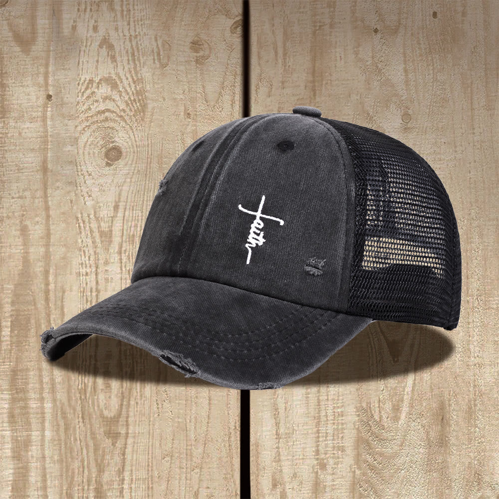 Christianartworkshop Faith Cross Cursive Embroidery Distressed Mesh Back Unisex Trucker Cap - Dunkelgrau - image 0