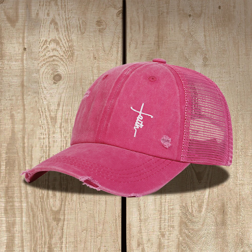 Christianartworkshop Faith Cross Cursive Embroidery Distressed Mesh Back Unisex Trucker Cap - Rosa - image 4