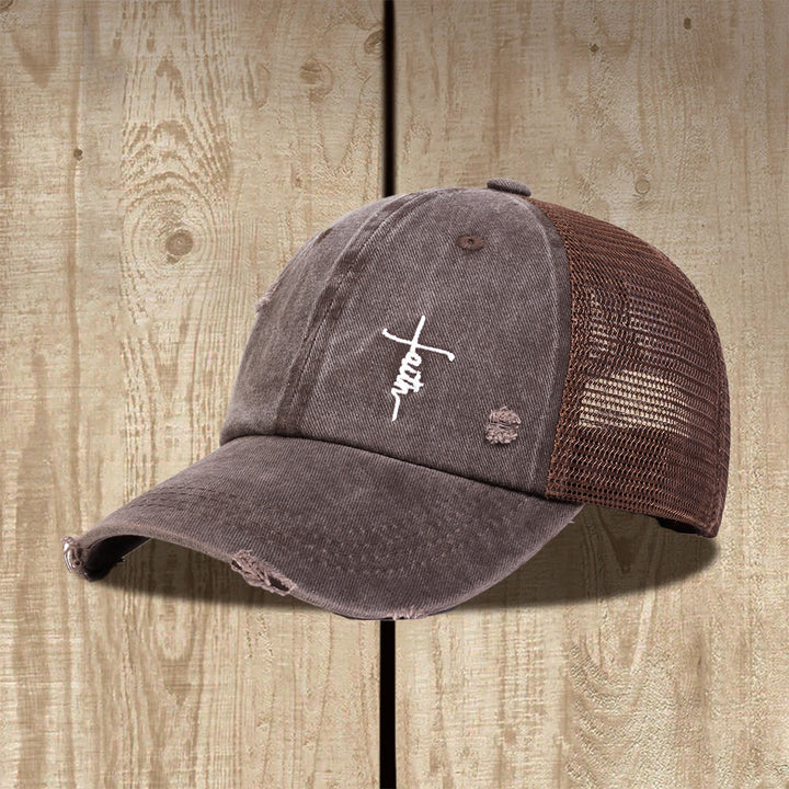 Christianartworkshop Faith Cross Cursive Embroidery Distressed Mesh Back Unisex Trucker Cap - Braun - image 6