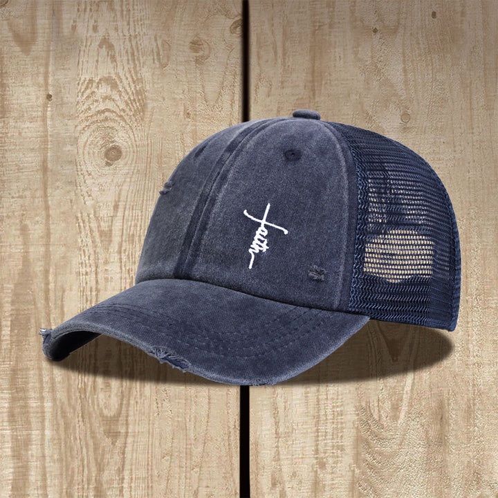 Christianartworkshop Faith Cross Cursive Embroidery Distressed Mesh Back Unisex Trucker Cap - Marineblau - image 2