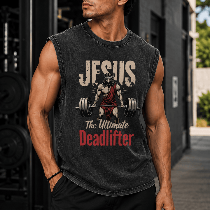 Christianartworkshop Jesus The Ultimate Deadlifter Unisex Washed Tank Top - image 0